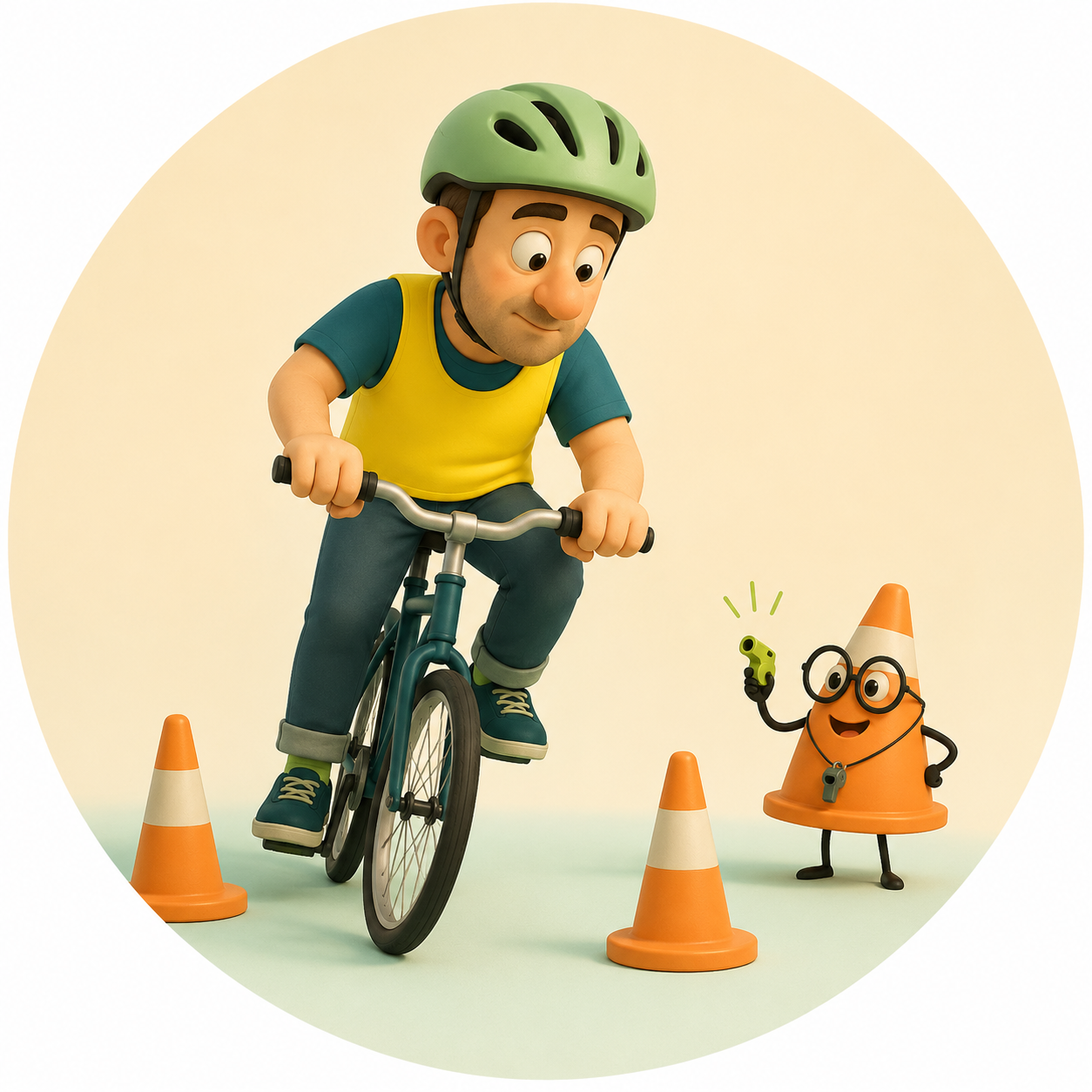 Un cycliste en gilet jaune slalome avec application pendant qu’un petit cône joue le rôle de moniteur